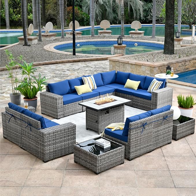 HOOOWOOO Outdoor Patio Sectional Furniture Sofa Set with Propane Fire Pit Table,13 Piece Large Modern Wicker Couch with Widened Armrest,Modular L Shaped Conversation Seating Set(Navy Blue)