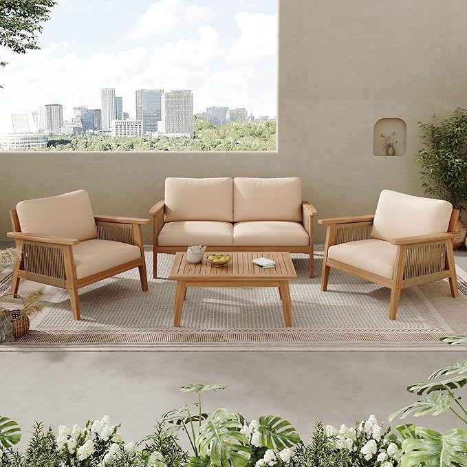 Merax Outdoor 4-Piece Acacia Wood & Rope Sectional Patio Set, Loveseat, Chair & Table with Water-Repellent Cushions