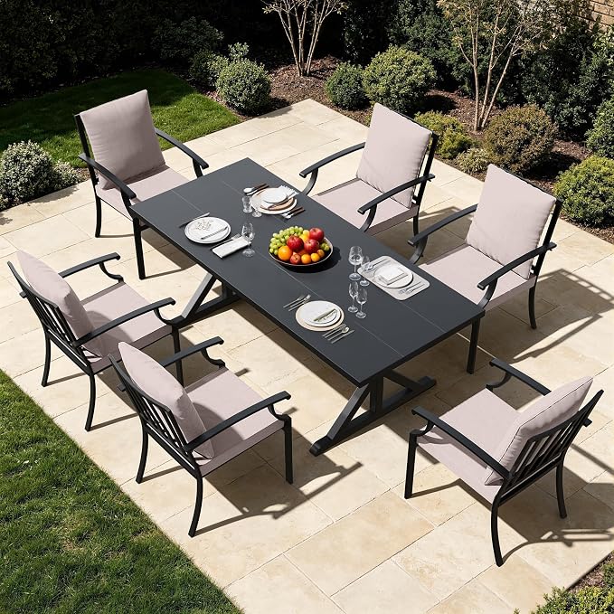 Kullavik 7 Pcs Outdoor Dining Set,Patio Dining Table and Chairs Set for 6,Fence Pattern Back Chairs with Thickened Cushions & X-Frame Metal Dining Table with Umbrella Hole for Patio,Sand
