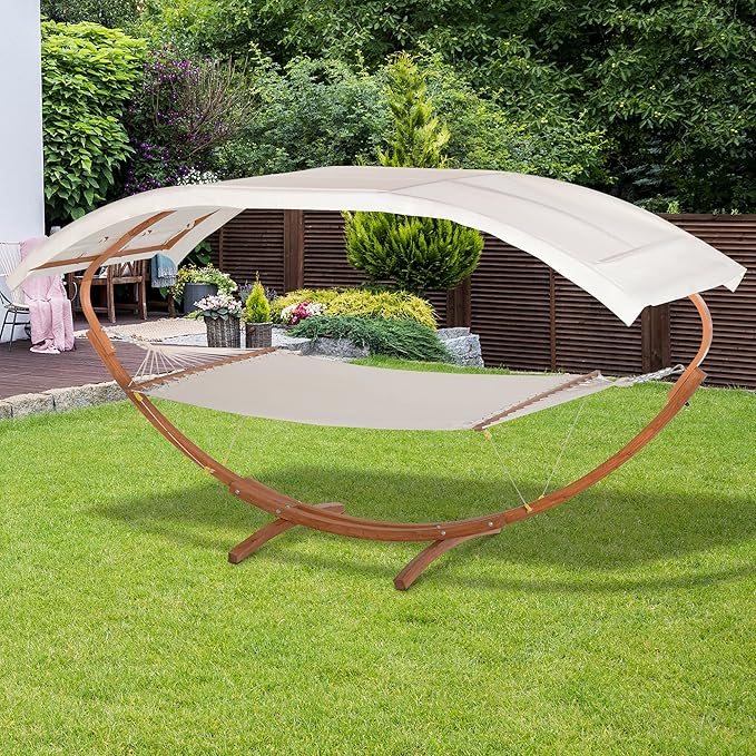 GOWE Outdoor Hammock with Stand & Accessories, Heavy Duty Wooden Frame, Extra Large Sun Shade Canopy, Indoor Outside Boho Style Nap Bed, Natural Cotton, White
