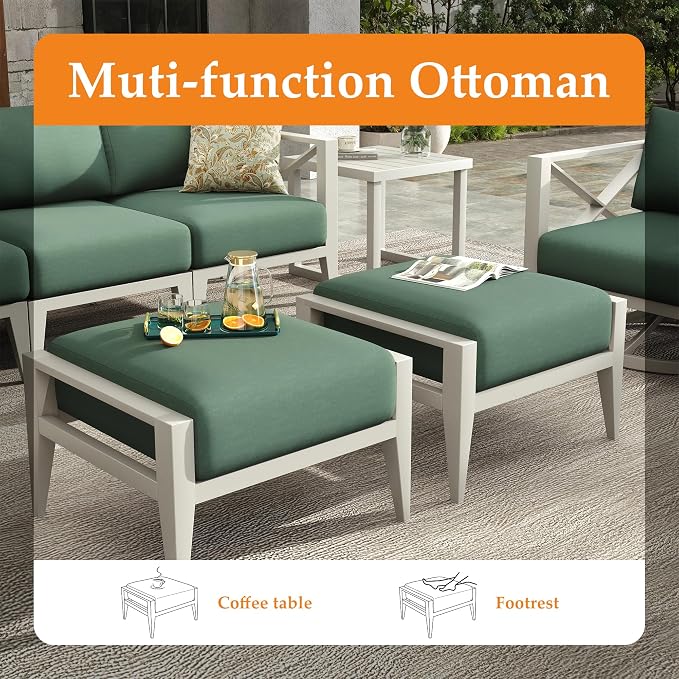 Aluminum Outdoor Patio Furniture Set with Swivel Chairs, 11-Piece Outdoor Sectional with 5.2" Thick Cushions, Patio Conversation Sets with Ottomans for Backyard,(White,8 Seats)