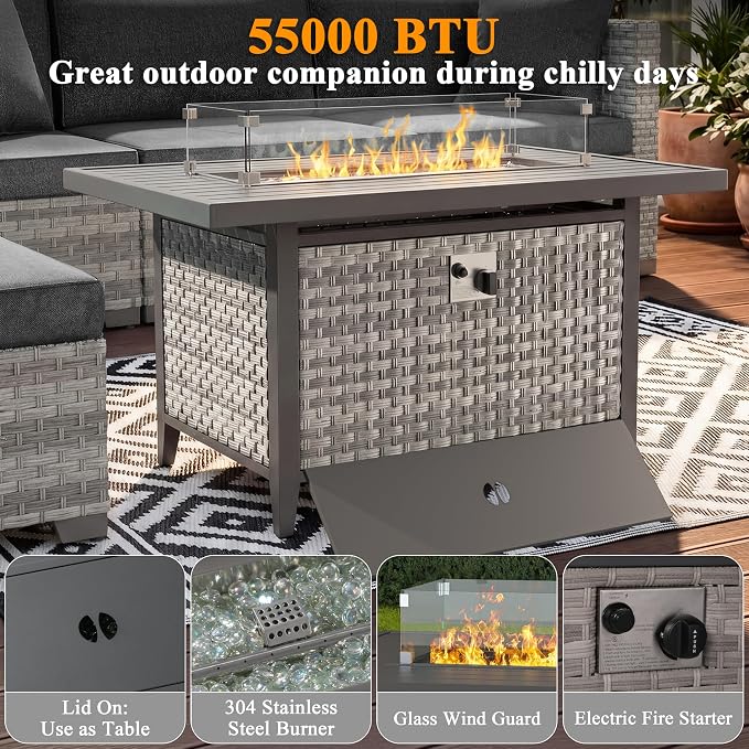 10 Piece Wicker Patio Furniture Set with 55,000 BTU Fire Pit Table, Swivel Rocking Chairs, 4''Cushions, PE Rattan, Wind Guard Glass, for Backyard, Deck or Balcony, Black