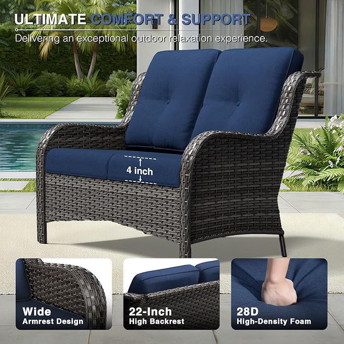 Joyside 5 Piece Wicker Patio Furniture Set, Rattan Patio Chairs with High Back, Deep Seating, Wide Armrest, Thickened Cushions, Outdoor Furniture for Deck, Porch Use