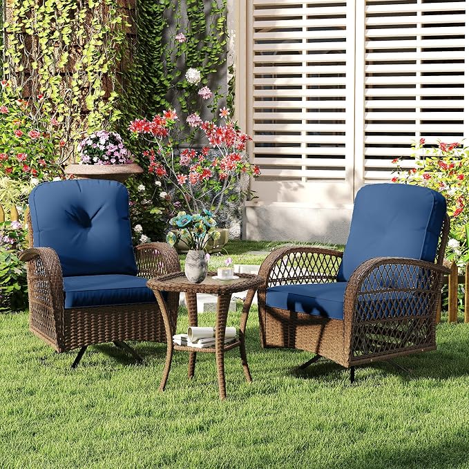 HAPPYGRILL 3 Pieces Outdoor Rattan Swivel Rocker Chairs Set with Tempered Glass Side Table, Outside Sectional Patio Conversation Furniture Set with Swivel Rocking Chairs for Deck Porch Garden (Navy)