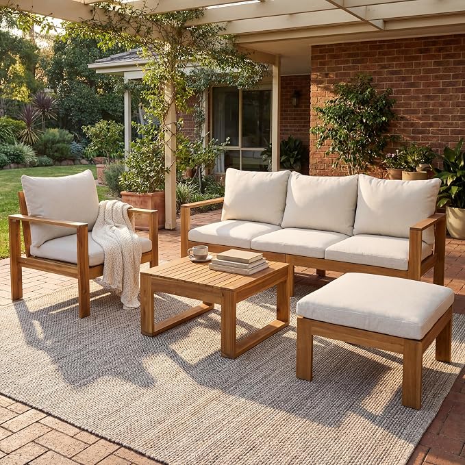 JIVOIT 4 Pieces Outdoor Sectional Sofa Set, Acacia Wood Patio Conversation Set with Coffee Table, Ottoman and 2 Chairs for Backyard Porch Garden Balcony