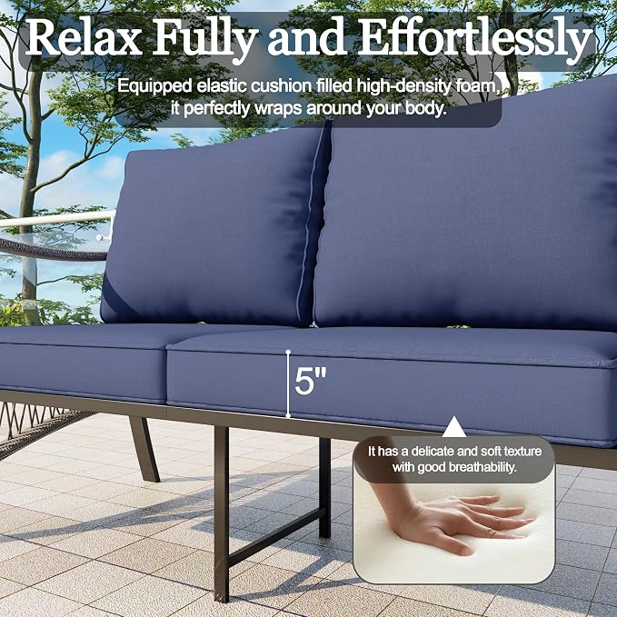 7 Pieces Patio Conversation Sets, All-Weather Metal Swivel Rocking Chairs with Rope Furniture Set, Outdoor Sofa Couch for Deck, Porch, Garden, Backyard, Poolside (Blue Cushions)