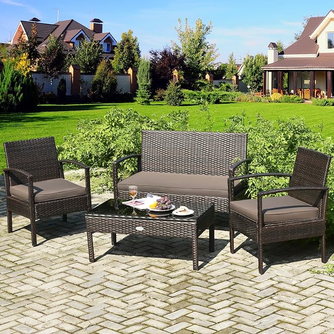 Outdoor Conversation Set 8 Pieces Patio Furniture, Wicker Patio Chair Sofa Set with Water-Resistant Dark-Brown Cushion & Tempered Glass Table for Backyard, Balcony, Porch(Brown)