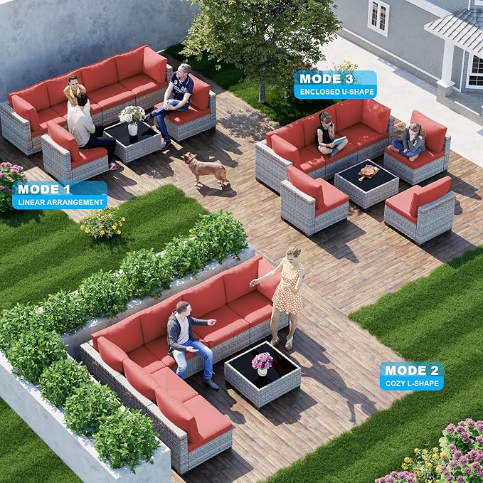 7-Piece Patio Furniture Set, Outdoor Sectional with Thick Cushions, Modular Patio Sofa, Dual-Strand Wicker Rattan, Rust-Resistant Frame, Backyard Furniture for Garden, Deck, Red