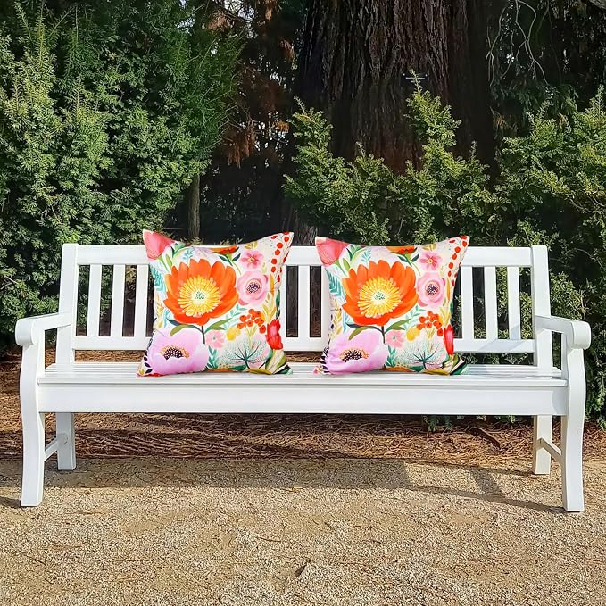 Spring Floral Pillow Covers 20x20 Inch Set of 2 Waterproof Pink and Orange Flowers Decorative Pillowcases Outdoor Farmhouse Patio Cushion Cases for Sofa Couch Home