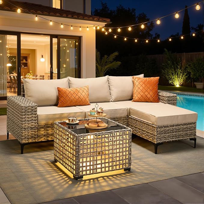 HOOOWOOO 5 Pieces Patio Furniture Set,L Shaped Outdoor Sectional Couch with Solar Table, Pe Wicker All Weather Outside Conversation Sofa Ottoman Set,Beige