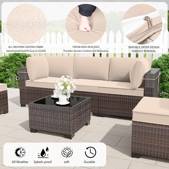 9 Pieces Outdoor Patio Furniture Set,Outdoor Sectional Furniture All Weather PE Rattan Wicker Patio Conversation Set with Coffee Table and 8 Thickened Cushions,Sand