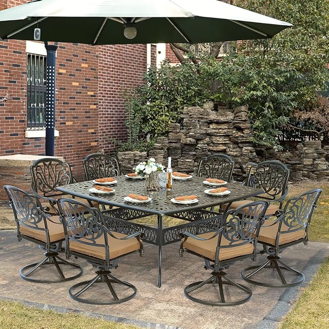 9-Piece Patio Cast Aluminum Dining Set, Outdoor Dining Furniture Set for 8 Person, Includes 64" Square Table and 8 Swivel Rocker Chairs with Umbrella Hole for Patio Deck Garden, Tan