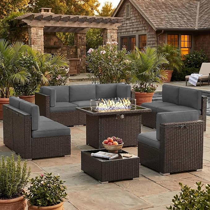 10 Pieces Patio Furniture Set with 44" Propane Gas Fire Pit Table, Outdoor Sectional Brown Rattan Wicker Conversation Sofa Sets with Coffee Table