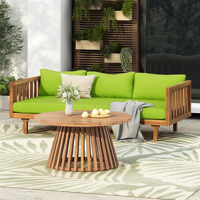 Christopher Knight Home Charm Patio Conversation Set, 3 Seater Acacia Wood Sofa, Spacious Seating Daybed, Wood Coffee Table, Round Side Table, Outdoor Furniture for Backyard Garden Gathering, Green
