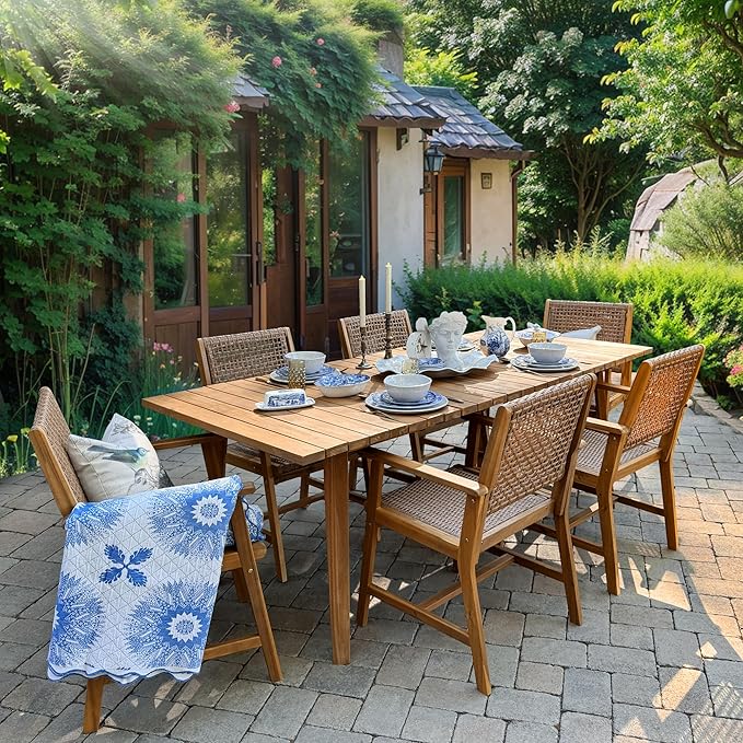 PHI VILLA Outdoor Acacia Wood Chairs Set of 2, Patio Dining Armchairs with Wicker Back & Seat, Farmhouse Style Teak Seating Furniture for Deck Yard Balcony Garden - Bright Brown