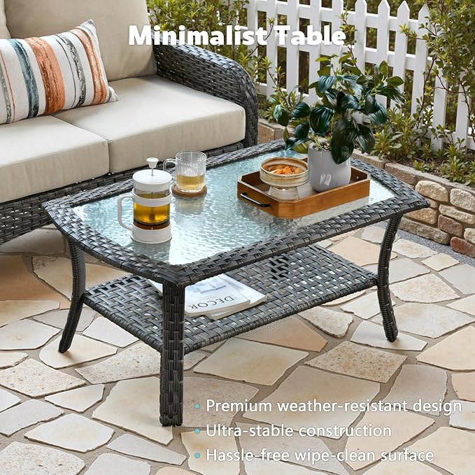 CAODOC 4-Piece Wicker Patio Furniture Set, All-Weather Rattan Conversation Bistro Loveseat Chair and Table Set for Backyard, Balcony and Deck with Soft Cushions and Metal Table(Tan)