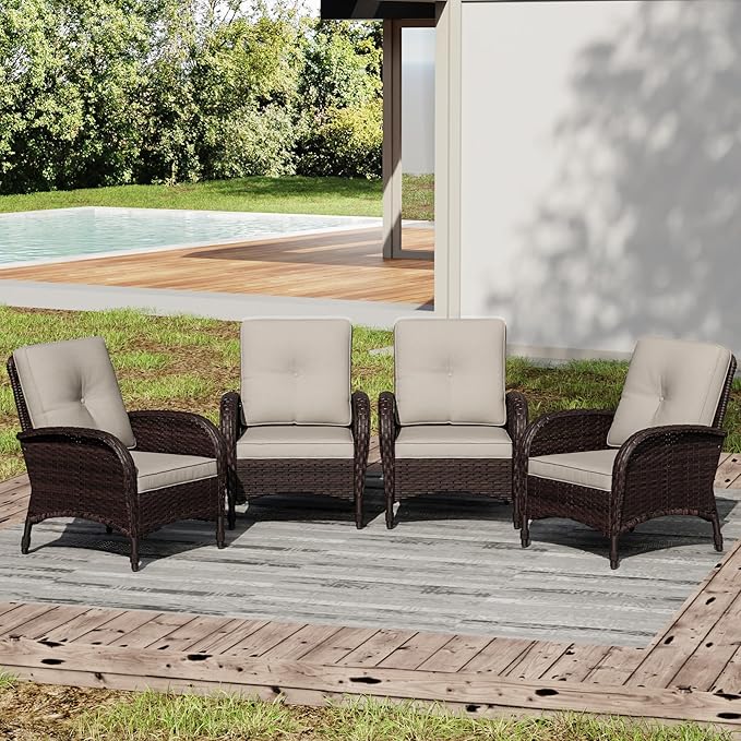 Joyside Wicker Patio Chairs, 4 Piece Rattan Outdoor Furniture with Thickened Cushions, High Back, Deep Seating, Wide Armrest, Outdoor Chairs for Porch, Deck