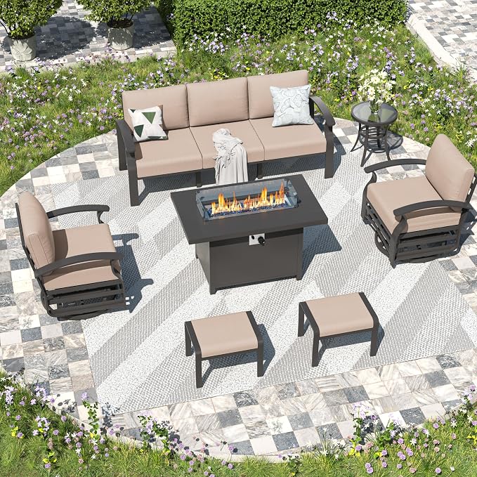 Kullavik Aluminum Patio Furniture Set,7 Piece Modern Metal Outdoor Patio Furniture w/5.1'' Thick Cushion,Swivel Chairs,Ottomans and Propane Fire Pit Table,Patio Conversation Sets for Porch,Deck,Sand