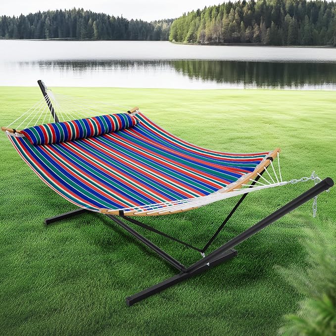 SUPERJARE Curved-Bar Hammock with Stand, 2 Person Heavy Duty Hammock Frame, Detachable Pillow & Portable Carrying Bag, Perfect for Outdoor & Indoor, Retro Blue and Green