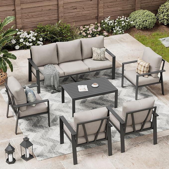 Aluminum Patio Furniture Sets 7 Seat All-Weather Outdoor Furniture Set with Coffee Table & Cushions with Removable Covers for for Backyard, Garden and Poolside Easy Assembly
