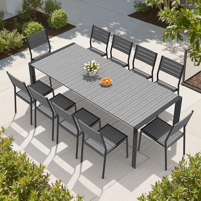 11 Pieces Outdoor Patio Dining Set, 95" Aluminum Table and Stackable Chairs | Adjustable Umbrella Hole & Wood Grain Tabletop for Garden, Patio, Backyard (Grey)