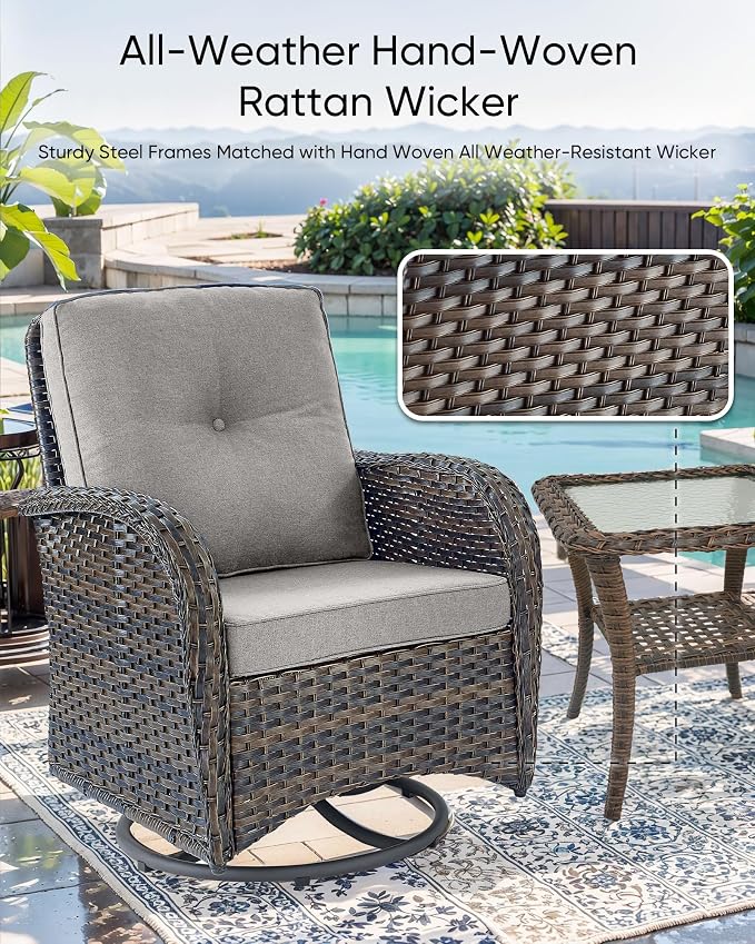 HUMMUH Luxury Patio Furniture Set with High Back Swivel Rocker Chairs & 3 Seater-Couch & Steel Fire Pit Table & Ottomans 7 Pieces Outdoor Conversation Set for Porch,Deck,Backyard