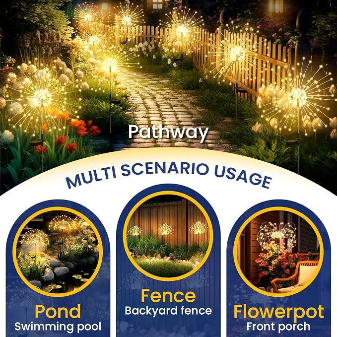 GIGALUMI 4 Pack Solar Firework Lights Outdoor, Garden Decor, Warm White | 120 LEDs, Fairy Design, Waterproof, Garden Decor, Solar Powered for Yard, Pathway, Flowerbed, Planter, Balcony, Gifts for Mom