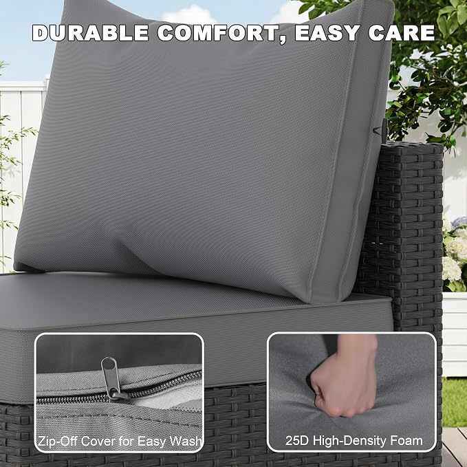 5 Piece Patio Furniture Sets, Outdoor Patio Set Sectional Sofa, All-Weather PE Rattan Couch with Cushion, Glass Table for Gatherings, Parties, Sports Viewing (Gray, 6-Piece Fire Pit Table Set)