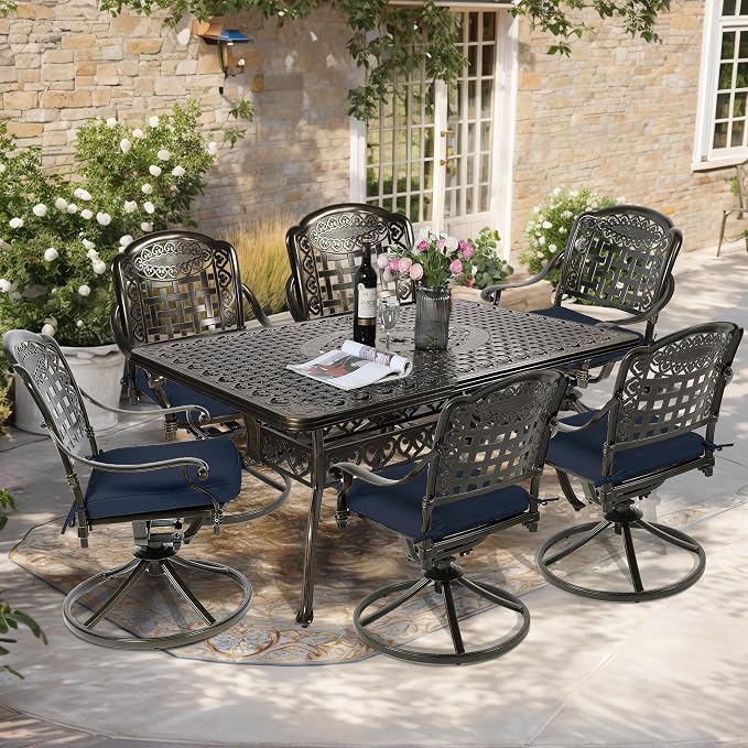 7-Piece Outdoor Patio Dining Set, 60” Rectangular Cast Aluminum Dining Table with Umbrella Hole and 6 Cushioned Swivel Rocker Chairs, Patio Funiture Set for Backyard, Patio, Garden, Navy