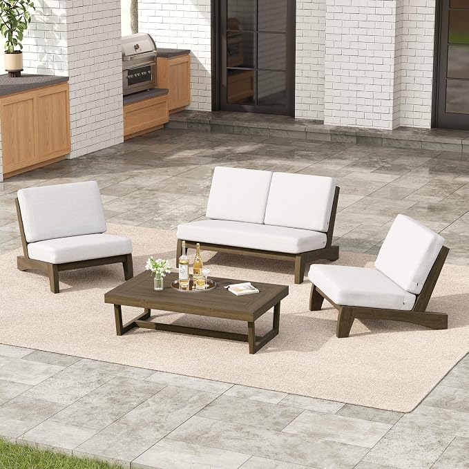 4 Pieces Patio Furniture Sets, All-Weather Outdoor Wood Bistro Set Patio Conversation Coffee Table Chiars and Patio Loveseat for Balcony, Backyard