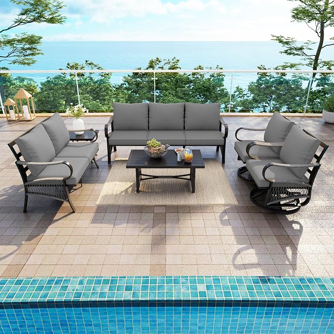 6 Pieces Patio Conversation Sets, All-Weather Metal Swivel Rocking Chairs with Rope Furniture Set, Outdoor Sofa Couch for Deck, Porch, Garden, Backyard, Poolside (Gray Cushions)