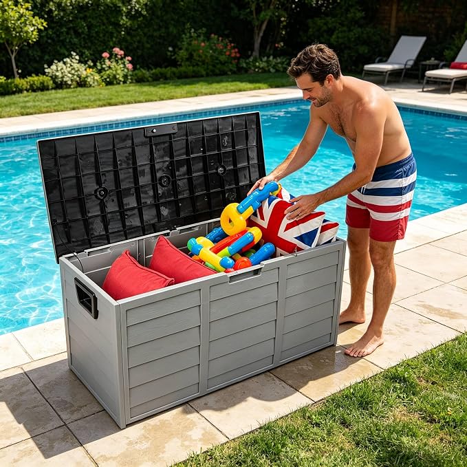 75 Gallon Large Outdoor Storage Box, Indoor and Outside Deck Box with Lockable Design Lids, Waterproof Resin Storage Containers Bin for Garden Garage Patio Poolside Toy Storage Black & Gray