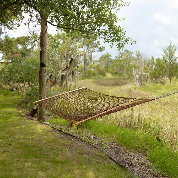 Castaway Living 13 ft. Double Traditional Hand Woven Antique Brown Polyester Rope Hammock – 2-Person, 450 lb Capacity, Free Extension Chains & Tree Hooks, Designed in The USA