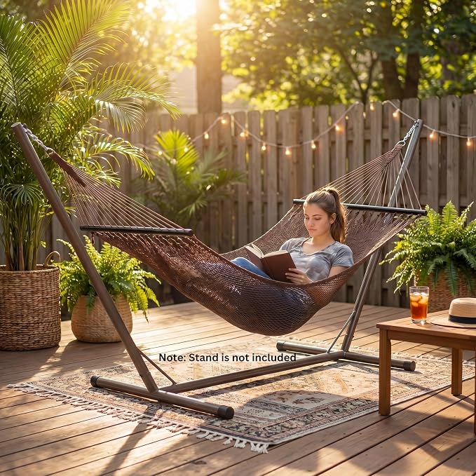 Happygrill 10.5FT Caribbean Double Hammock, Outdoor Portable Hammock with Spreader Bar, Soft-Spun Polyester Rope, 2 Person Hammocks for Outside, Camping & Patio, Max 600 lbs Capacity (Brown)