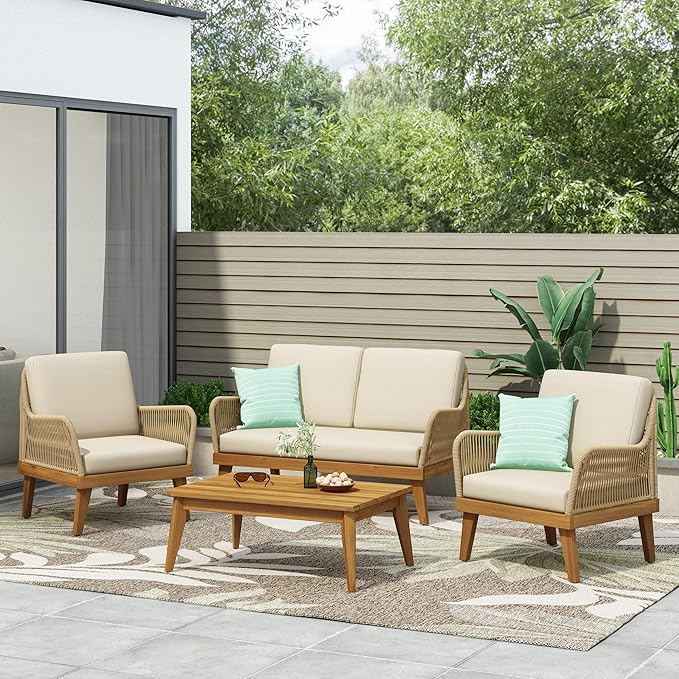 4-Piece Acacia Wood Patio Furniture Set, Outdoor Conversation Set with Rope Weave, Loveseat, 2 Chairs & Coffee Table, Teak