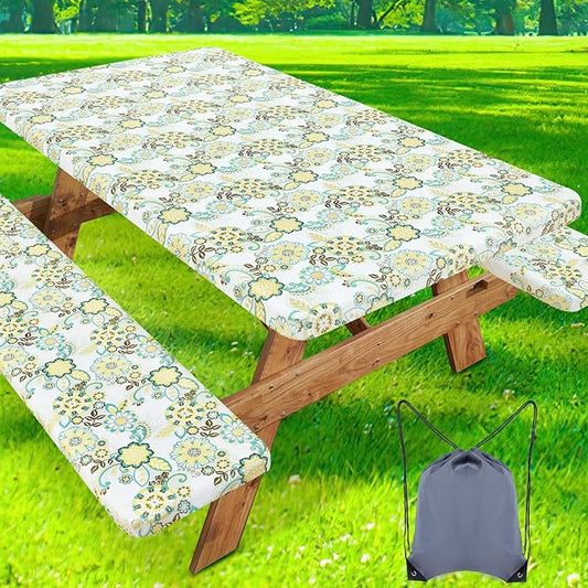 misaya Picnic Table Cover with Bench Cover, Waterproof Elastic Fitted Tablecloth for 6 Foot Tables, Rectangle Washable Polyester Tablecloths for Picnic, Camping, Outdoor (Paisley Flower, 30" x 72")
