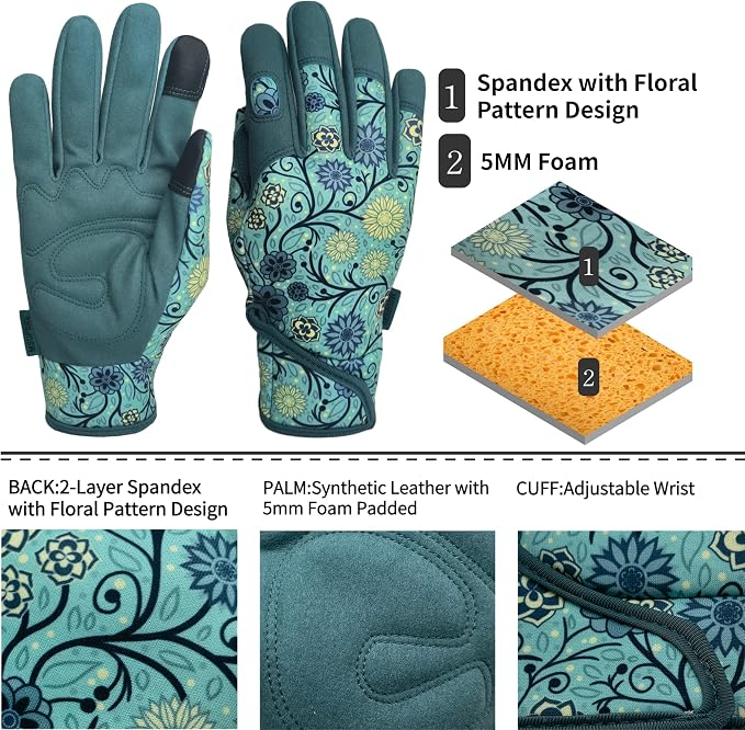 Cute Pattern Gardening Gloves,Thornproof Garden Glove,Gardener Gift | Gardening Gifts for Women,Touchscreen,Tender Thornproof,Cute Pattern,Protection Palm,Machine Washable,Adjustable Cuff