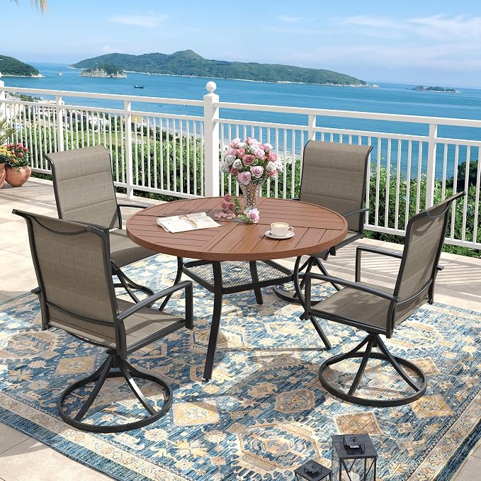 Outdoor Dining Set for 4, 40.7" Outdoor Dining Table with Umbrella Hole and Padded Textilene Patio Swivel Chairs, 5 Pieces Patio Table and Chairs Set for Garden Backyard, Mixed Brown and Walnut