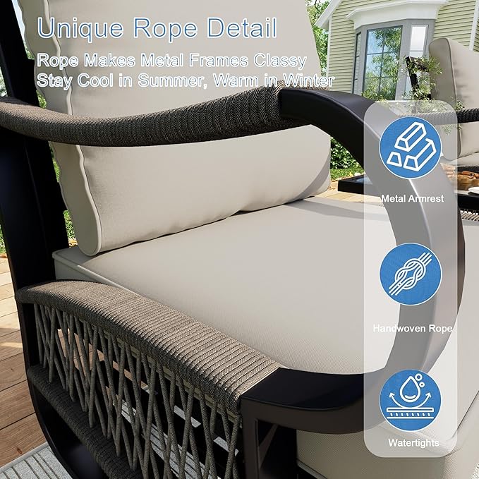 11-Piece Outdoor Patio Conversation Sets, Rope Outdoor Furniture Set Metal 3-Seater Couch, 4 Swivel Rockers with 2 Side Tables, Loveseat Sofa Single Chairs with Coffee Table for Backyard, Beige