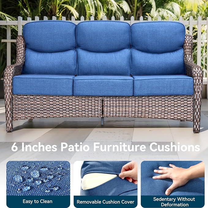 Luxury Outdoor Patio Furniture Set-Wicker High Backrest 3-Seat Patio Sofa with Comfy 6" Cushion, Rattan Couch with Deep Seat All-Weather Patio Conversation Set for Deck Backyard Garden(Brown/Blue)