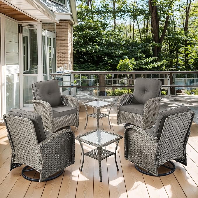 Outdoor Swivel Glider Rocker Chairs Set of 4 - Wicker Patio Furniture Set All Weather Patio Conversatio Sets with 2 Tempered Glass Side Table for Deck Backyard - Grey Wicker Grey Cushion