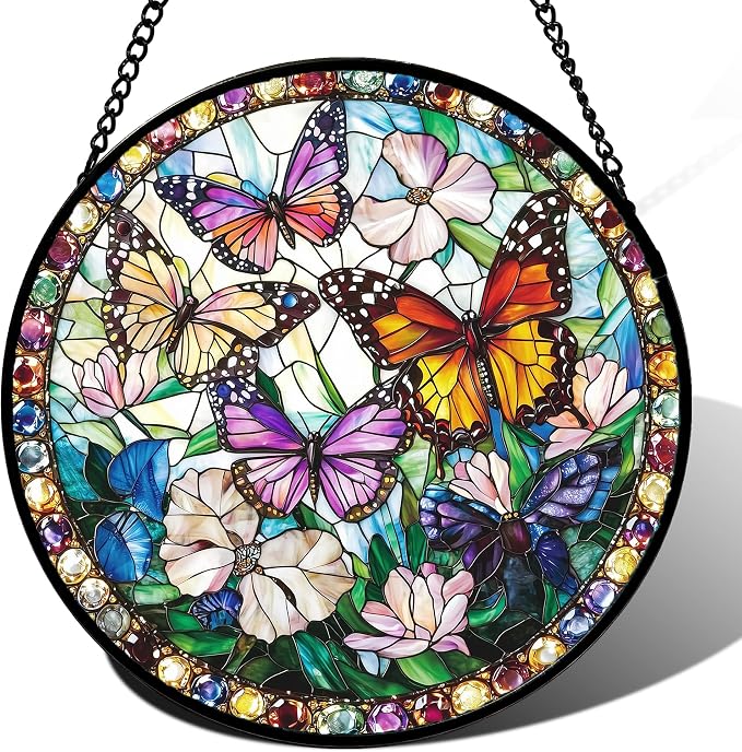 DASTOLL Stained Glass Window Hanging, Colorful Butterfly Suncatcher for Doors Home Sun Catchers Decoration and Christmas, Mother's Day Birthday Gifts for Women, Men, and Mom 14.9x14.9 in