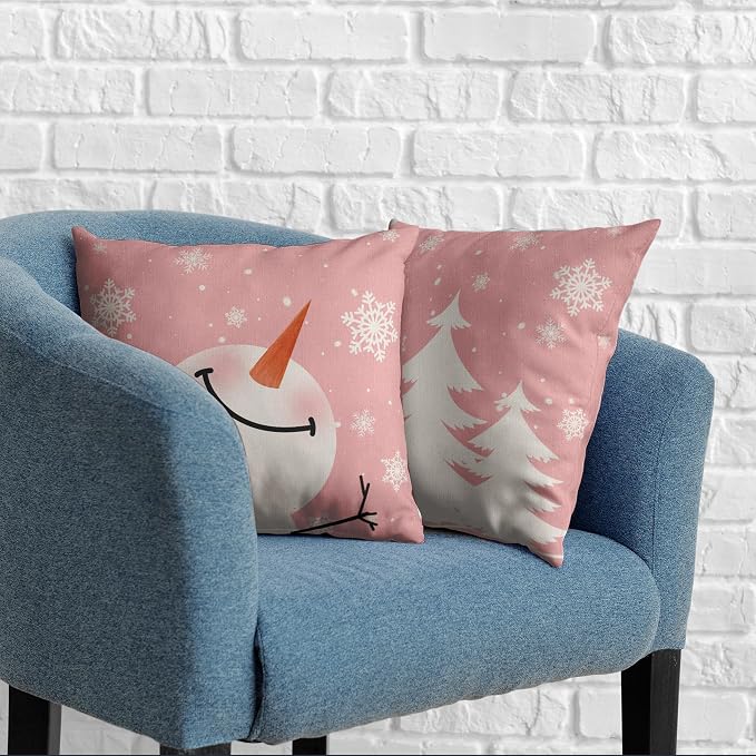 Set of 2 Snowman Throw Pillow Covers 24x24 Pink Christmas Pillowcase White Xmas Tree Pillow Covers Cotton Linen Cushion Case for Holiday Decorations Living Room Couch Sofa