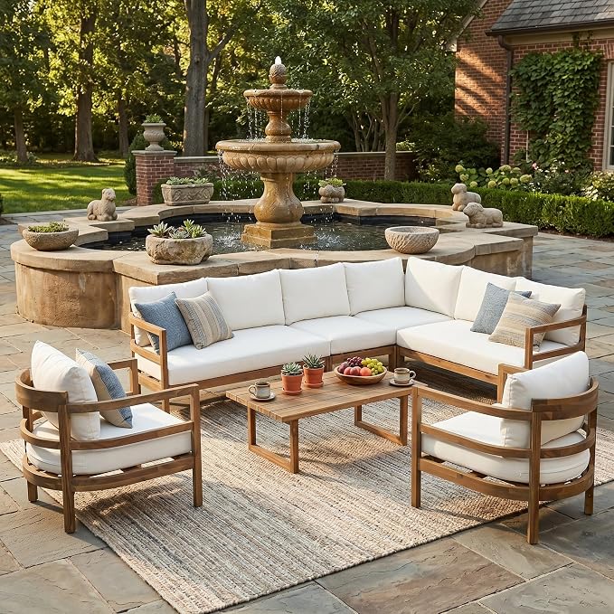 Merax Outdoor Acacia Wood 7-Seater Sectional Sofa Set with Cushions, Wood Patio Modular Lounge with Corner & 1 Table & 2 Club Chairs for Balcony, Porch, Garden, Beige + Light Brown