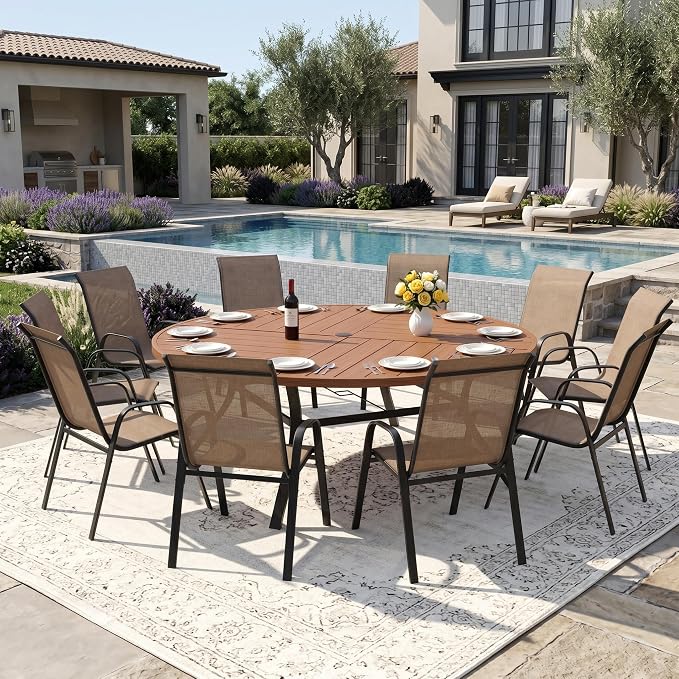 DIFY 11 Piece Outdoor Dining Set, 63" Walnut Round Metal Dining Table and Brown Textilene Stackable Patio Chairs, Patio Table and Chairs Set for 10 with Umbrella Hole for Backyard Garden Deck
