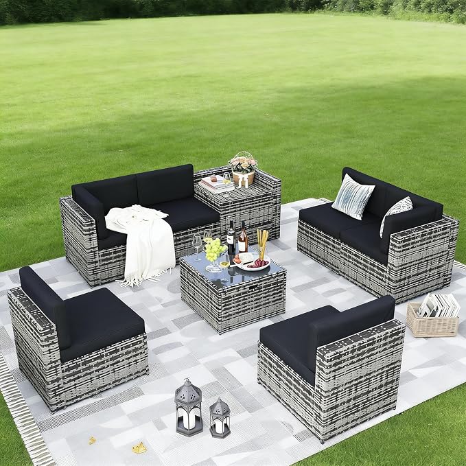 Aoxun 8 Piece Patio Furniture Set, Wicker Rattan Outdoor Furniture Set with Storage Box and Glass Top Table, Patio Sectional Set with Thick Cushions, Grey