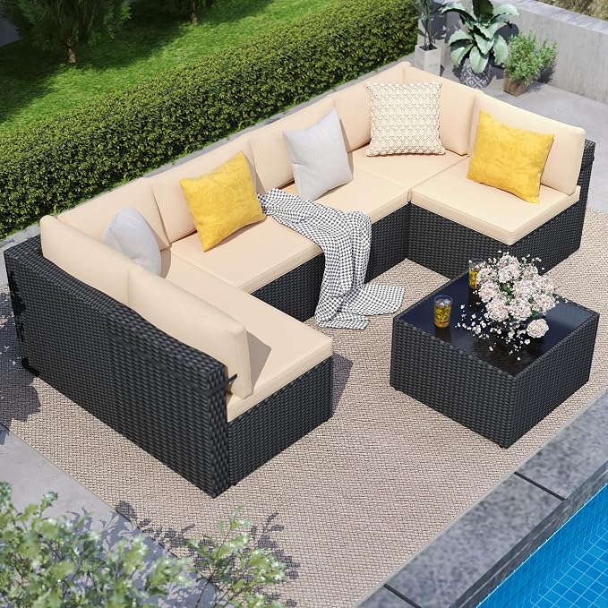 7-Piece Outdoor Sectional Sofa Set, Weather-Resistant Patio Furniture Set with Washable Cushions and Coffee Table, Black Rattan Patio Conversation Set for Poolside, Backyard, Deck (Beige)