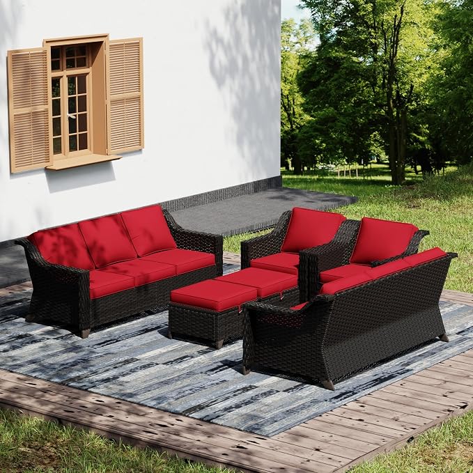 Joyside Wicker Patio Furniture Sets, 6 Pieces Upgraded Large Size Outdoor Furniture with Swivel Rocking Patio Chairs, Two 3-Seat Sofa, Outdoor Ottoman, Thick Cushions, Wide Armrest, Red
