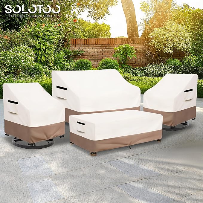 Patio Furniture Covers Waterproof, Heavy Duty 4-Piece Furniture Set Cover for Outdoor Couch, Lawn Chair, Coffee Table (Small,Beige)