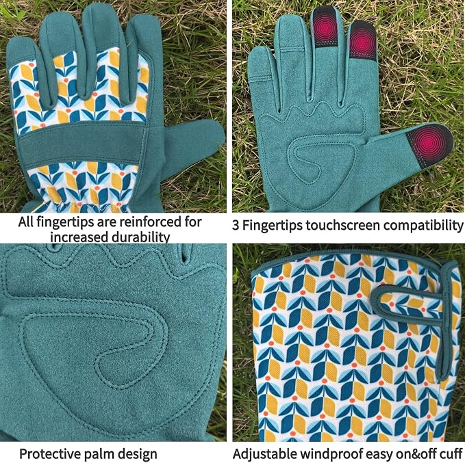 Thornproof Rose&Cactus Gardening Gloves,Gauntlet Garden Glove,Gifts | Canvas,Cute Floral Pattern,Leather Palm,Touchscreen,Durable Material,Garden Gift,Men&Women,Machine Washable,Adjustable Cuff